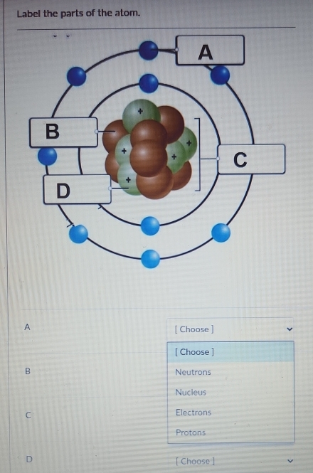 Label the parts of the atom.
A [ Choose ]
[ Choose ]
B Neutrons
Nucieus
C
Electrons
Protons
D
[ Choose ]