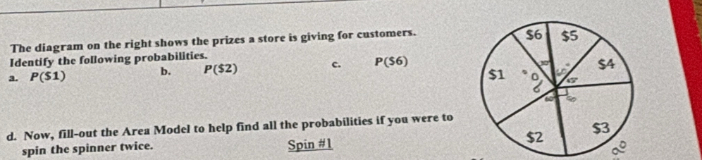 The diagram on the right shows the prizes a store is giving for customers. 
Identify the following probabilities. 
a. P($1) b. P($2) c. P($6)
d. Now, fill-out the Area Model to help find all the probabilities if you were to 
spin the spinner twice. Spin #1