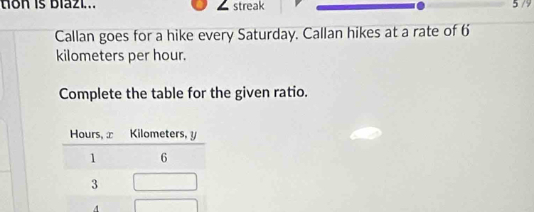 tion is biazi.. streak 
5 /9 
Callan goes for a hike every Saturday. Callan hikes at a rate of 6
kilometers per hour. 
Complete the table for the given ratio. 
A