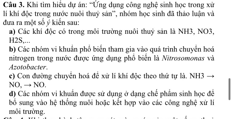 Khi tìm hiều dự án: “Ứng dụng công nghệ sinh học trong xử
lí khí độc trong nước nuôi thuỷ sản”, nhóm học sinh đã thảo luận và
đưa ra một số ý kiển sau:
a) Các khí độc có trong môi trường nuôi thuỷ sản là NH3, NO3,
H2S,...
b) Các nhóm vi khuẩn phổ biến tham gia vào quá trình chuyển hoá
nitrogen trong nước được ứng dụng phồ biển là Nitrosomonas và
Azotobacter.
c) Con đường chuyển hoá để xử lí khí độc theo thứ tự là. NH3
NO, → NO.
d) Các nhóm vi khuẩn được sử dụng ở dạng chế phẩm sinh học để
bố sung vào hệ thống nuôi hoặc kết hợp vào các công nghệ xử lí
môi trường.