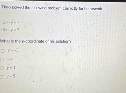 Theo solved the following problem correctly for homework.
2x+y=7
-3x+y=2
What is the y-coordinate of his solution?
y=-3
y=-1
y=1
y=5