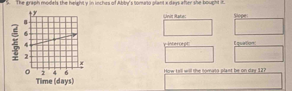 The graph models the height y in inches of Abby's tomato plant x days after she bought it. 
Unit Rate: Slope: 
y-intercept: Equation: 
How tall will the tomato plant be on day 12?