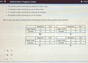 Mathematics Progress Check Sc her
22 people prefer traveling by aisplane to New York
17 people prefer traveling by car to New York
17 people prefer traveling by airplane to Florida
44 people prefer tuveling by car to Florida
Which two-way table represents the information found in the questionnaire results?
A. X
B. W
C. r