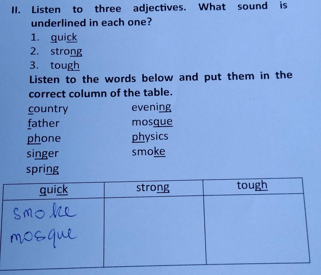 Listen to three adjectives. What sound is
underlined in each one?
1. quick
2. strong
3. tough
Listen to the words below and put them in the
correct column of the table.
country evening
father mosque
phone physics
singer smoke
spring