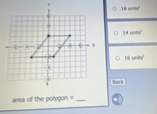 18units^2
14units^2
16units^2
Back
area of the colygon= _