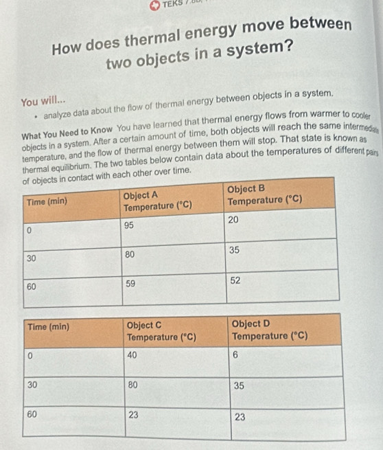 TEKS 7
How does thermal energy move between
two objects in a system?
You will...
analyze data about the flow of thermal energy between objects in a system,
What You Need to Know You have learned that thermal energy flows from warmer to cooler
objects in a system. After a certain amount of time, both objects will reach the same intermeda
temperature, and the flow of thermal energy between them will stop. That state is known as
thermal equilibrium. The two tables below contain data about the temperatures of different pain
ch other over time.