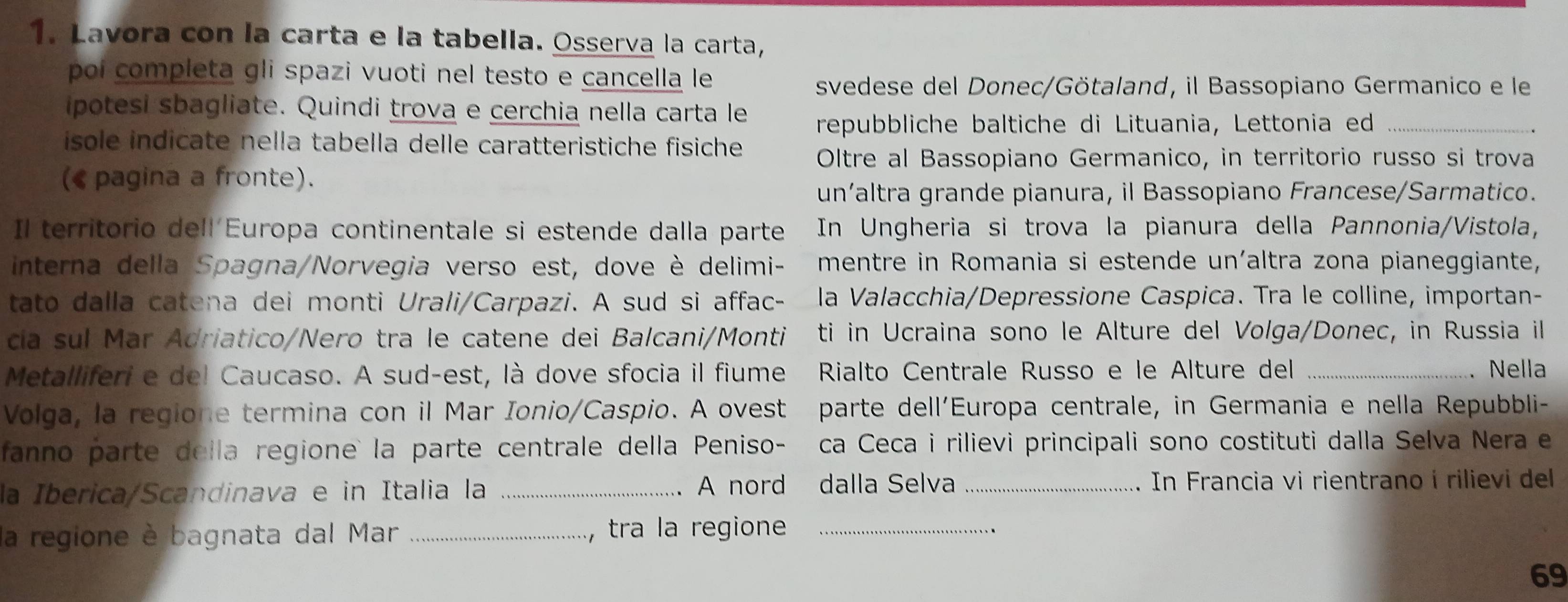 Lavora con la carta e la tabella. Ossería la carta, 
poi completa gli spazi vuoti nel testo e cancella le 
svedese del Donec/Götaland, il Bassopiano Germanico e le 
ipotesi sbagliate. Quindi trova e cerchia nella carta le 
repubbliche baltiche di Lituania, Lettonia ed_ 
isole indicate nella tabella delle caratteristiche fisiche 
Oltre al Bassopiano Germanico, in territorio russo si trova 
(« pagina a fronte). 
un’altra grande pianura, il Bassopiano Francese/Sarmatico. 
Il territorio dell´Europa continentale si estende dalla parte In Ungheria si trova la pianura della Pannonia/Vistola, 
interna della Spagna/Norvegia verso est, dove è delimi- mentre in Romania si estende un´altra zona pianeggiante, 
tato dalla catena dei monti Urali/Carpazi. A sud si affac- la Valacchia/Depressione Caspica. Tra le colline, importan- 
cía sul Mar Adriatico/Nero tra le catene dei Balcani/Monti ti in Ucraina sono le Alture del Volga/Donec, in Russia il 
Metalliferi e de! Caucaso. A sud-est, là dove sfocia il fiume Ríalto Centrale Russo e le Alture del _. Nella 
Volga, la regione termina con il Mar Ionio/Caspio. A ovest parte dell'Europa centrale, in Germania e nella Repubbli- 
fanno parte della regione` la parte centrale della Peniso- ca Ceca i rilievi principali sono costituti dalla Selva Nera e 
la Iberica/Scandinava e in Italia la _A nord dalla Selva _ In Francia vi rientrano í rilievi del 
la regione è bagnata dal Mar _ tra la regione_ 

69