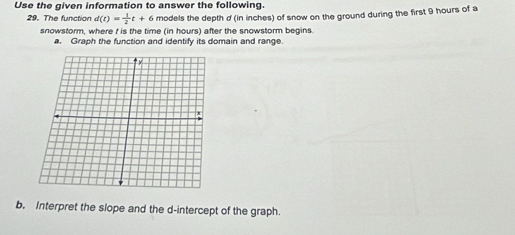 Use the given information to answer the following. 
29. The function d(t)= 1/2 t+6 models the depth d (in inches) of snow on the ground during the first 9 hours of a 
snowstorm, where t is the time (in hours) after the snowstorm begins. 
a. Graph the function and identify its domain and range. 
b. Interpret the slope and the d -intercept of the graph.