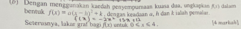 (6) Dengan menggunakan kaedah penyempurnaan kuasa dua, ungkapkan f(x) dalam 
bentuk f(x)=a(x-h)^2+k , dengan keadaan a, h dan k ialah pemalar. 
Seterusnya, lakar graf bagi f(x) untuk 0≤slant x≤slant 4. [4 markah]