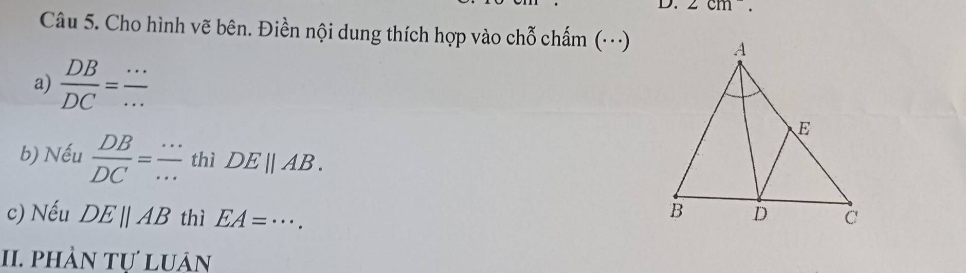 2cm
Câu 5. Cho hình vẽ bên. Điền nội dung thích hợp vào chỗ chấm (…) 
a)  DB/DC = __ 
b) Nếu  DB/DC = ·s /·s   thì DEparallel AB. 
c) Nếu DEparallel AB thì EA=·s. 
II. phần tự luận