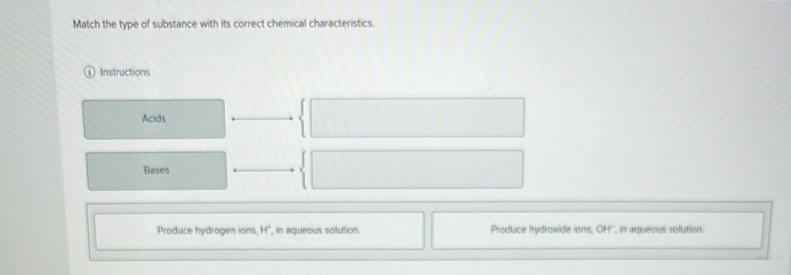 Match the type of substance with its correct chemical characteristics. 
Instructions 
Acids 
Bases 
Produce hydrogen ions H° , in aqueous solution. Produce hydroxide ions, OH'', in aqueous solution.