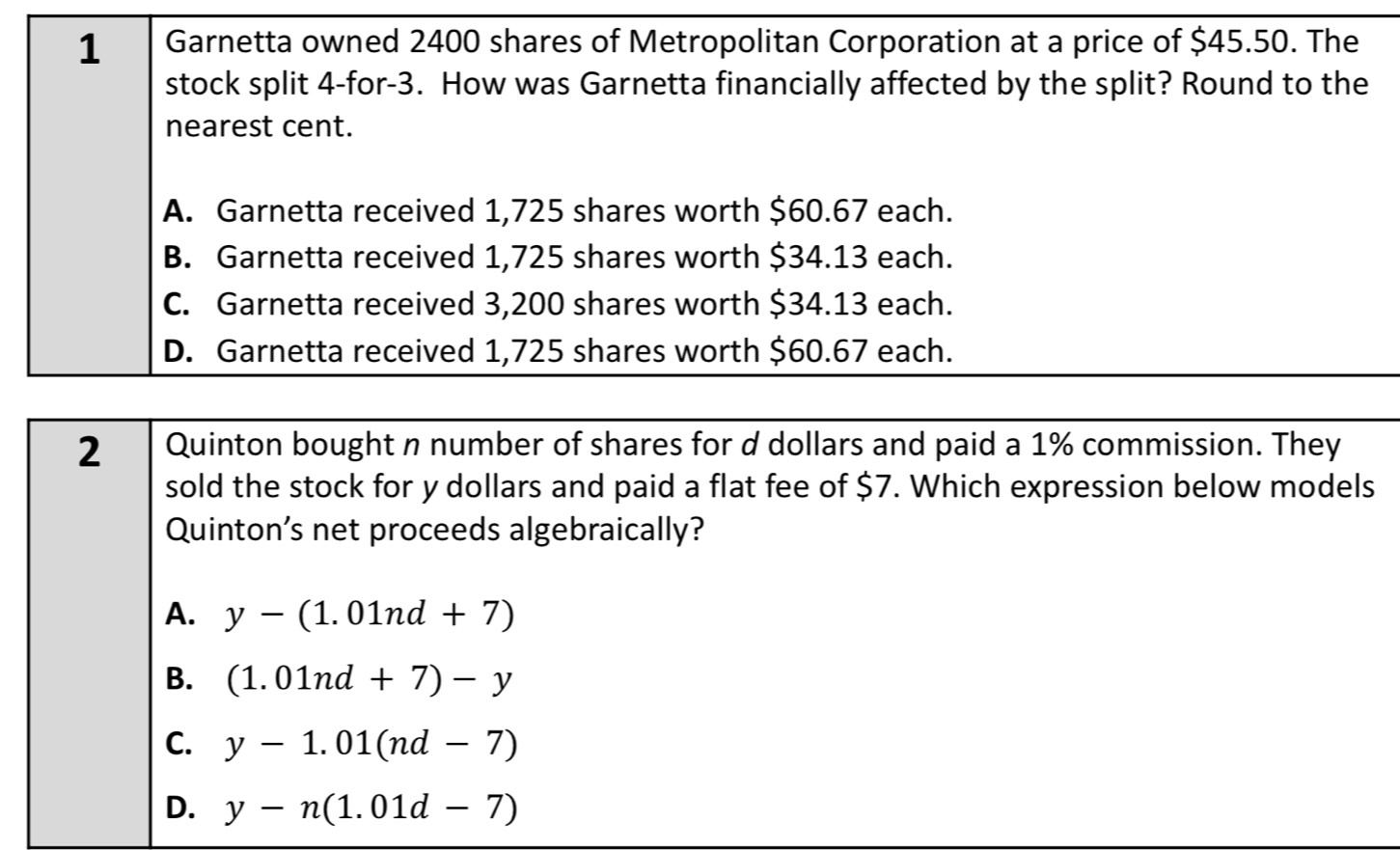 Garnetta owned 2400 shares of Metropolitan Corporation at a price of $45.50. The
stock split 4 -for -3. How was Garnetta financially affected by the split? Round to the
nearest cent.
A. Garnetta received 1,725 shares worth $60.67 each.
B. Garnetta received 1,725 shares worth $34.13 each.
C. Garnetta received 3,200 shares worth $34.13 each.
D. Garnetta received 1,725 shares worth $60.67 each.
2 Quinton bought n number of shares for d dollars and paid a 1% commission. They
sold the stock for y dollars and paid a flat fee of $7. Which expression below models
Quinton's net proceeds algebraically?
A. y-(1.01nd+7)
B. (1.01nd+7)-y
C. y-1.01(nd-7)
D. y-n(1.01d-7)