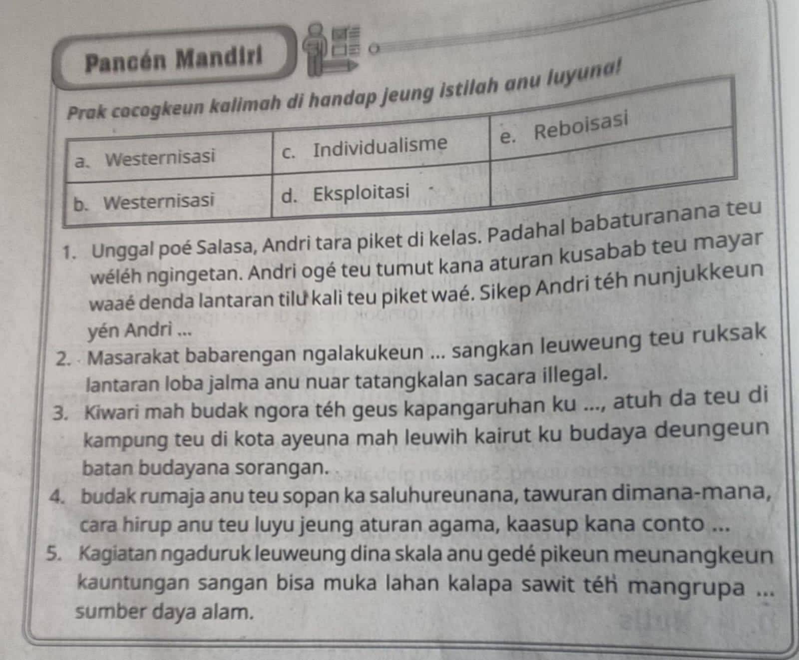 Pancén Mandiri 
yuna! 
1. Unggal poé Salasa, Andri tara piket di kelas. Pa 
wéléh ngingetan. Andri ogé teu tumut kana aturan kusabab teu mayar 
waaé denda lantaran tilu kali teu piket waé. Sikep Andri téh nunjukkeun 
yén Andri ... 
2. · Masarakat babarengan ngalakukeun ... sangkan leuweung teu ruksak 
lantaran loba jalma anu nuar tatangkalan sacara illegal. 
3. Kiwari mah budak ngora téh geus kapangaruhan ku ..., atuh da teu di 
kampung teu di kota ayeuna mah leuwih kairut ku budaya deungeun 
batan budayana sorangan. 
4. budak rumaja anu teu sopan ka saluhureunana, tawuran dimana-mana, 
cara hirup anu teu luyu jeung aturan agama, kaasup kana conto ... 
5. Kagiatan ngaduruk leuweung dina skala anu gedé pikeun meunangkeun 
kauntungan sangan bisa muka lahan kalapa sawit téh mangrupa ... 
sumber daya alam.