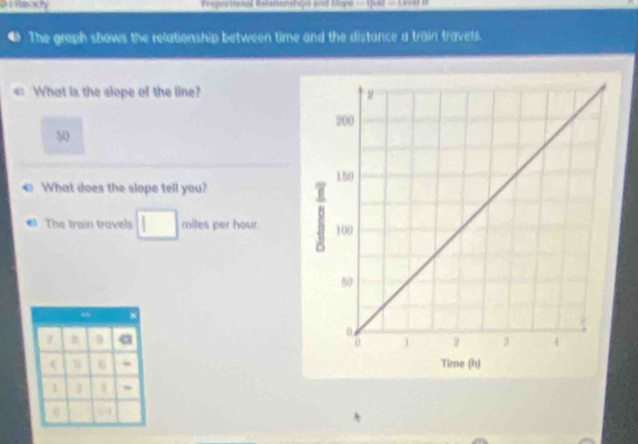 arheady Prepestional Relstionstias and Mó -Quu 
The graph shows the relationship between time and the distance a train travels. 
What is the slope of the line? 
5 
What does the slope tell you? 
The train trovels miles per hour.
7
6
a 
6 60