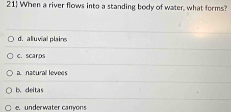 When a river flows into a standing body of water, what forms?
d. alluvial plains
c. scarps
a. natural levees
b. deltas
e. underwater canyons