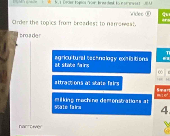 Eighth grade N.1 Order topics from broadest to narrowest JBM
Video ⑥ Qu
ans
Order the topics from broadest to narrowest.
broader
Ti
agricultural technology exhibitions ela
at state fairs
00 O
H M
attractions at state fairs
Smart
out of
milking machine demonstrations at
state fairs
4
narrower
a