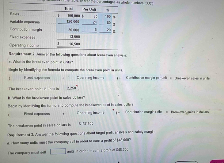 ers in the table. (Enter the percentages as whole numbers, ''XX'') 
Requirement 2. Answer the following questions about breakeven analysis: 
a. What is the breakeven point in units? 
Begin by identifying the formula to compute the breakeven point in units. 
 Fixed expenses + Operating income ) ÷ Contribution margin per unit = Breakeven sales in units 
The breakeven point in units is 2,250°
b. What is the breakeven point in sales dollars? 
Begin by identifying the formula to compute the breakeven point in sales dollars. 
( Fixed expenses + Operating income ) ÷ Contribution margin ratio = Breakeven sales in dollars 
The breakeven point in sales dollars is $ 67,500. 
Requirement 3. Answer the following questions about target profit analysis and safety margin: 
a. How many units must the company sell in order to earn a profit of $48,000? 
The company must sell units in order to earn a profit of $48,000.