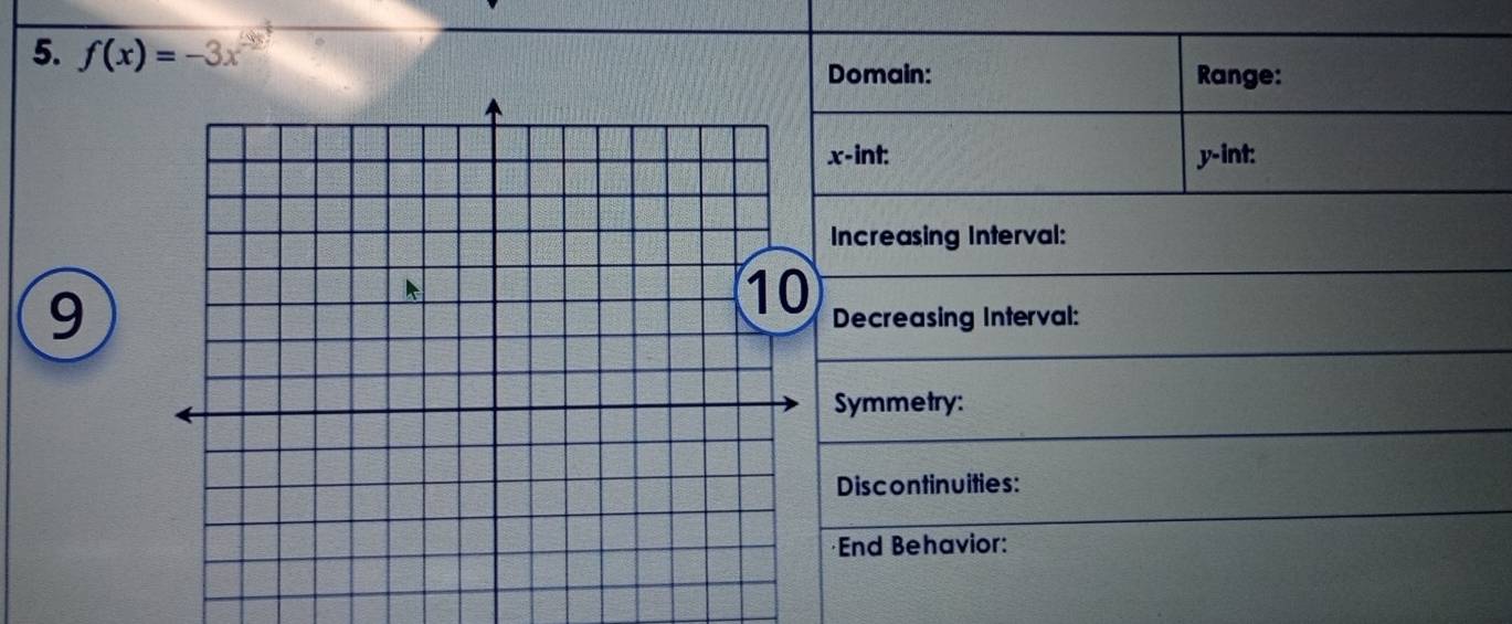 f(x)=-3x^(-2)
Domain: Range:
x -int: y -int: 
Increasing Interval: 
9 
Decreasing Interval: 
Symmetry: 
Discontinuities: 
End Behavior: