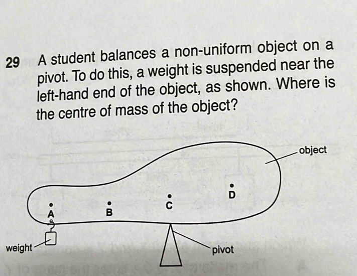 A student balances a non-uniform object on a
pivot. To do this, a weight is suspended near the
left-hand end of the object, as shown. Where is
the centre of mass of the object?
w