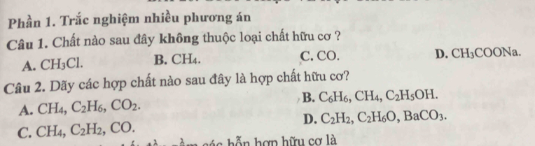 Phần 1. Trắc nghiệm nhiều phương án
Câu 1. Chất nào sau đây không thuộc loại chất hữu cơ ?
A. CH_3Cl. B. CH4. C. CO.
D. CH_3COONa. 
Câu 2. Dãy các hợp chất nào sau đây là hợp chất hữu cơ?
A. CH_4, C_2H_6, CO_2. B. C_6H_6, CH_4, C_2H_5OH.
C. CH_4, C_2H_2, CO. D. C_2H_2, C_2H_6O, BaCO_3. 
h hợn hữu cơ là