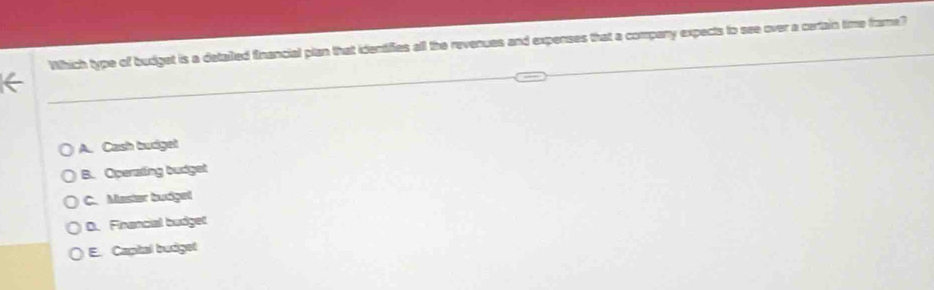 Which type of budget is a detaled financial plan that identifies all the revenues and expenses that a company expects to see over a certain time frame?
A. Cash budget
B. Operating budget
C. Master budget
D. Financial budget
E. Capital budget