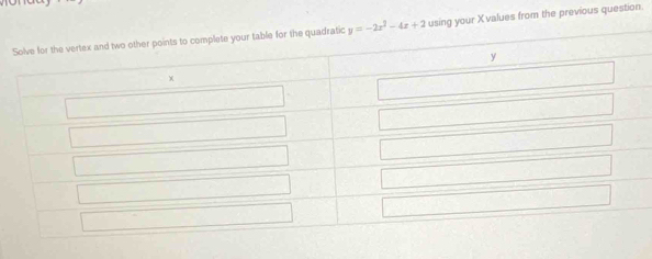 y=-2x^2-4x+2 using your X values from the previous question.