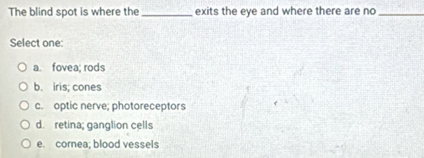 The blind spot is where the _exits the eye and where there are no_
Select one:
a fovea; rods
b. iris; cones
c. optic nerve; photoreceptors
d. retina; ganglion cells
e. cornea; blood vessels