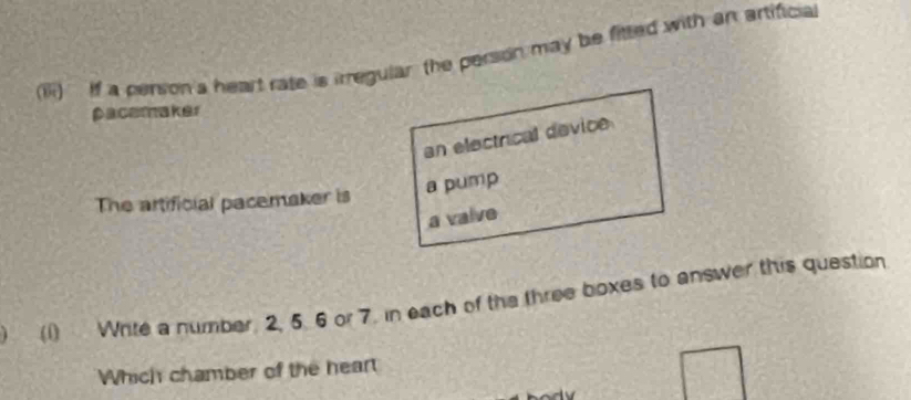 (ii) If a person's heart rate is irregular the person may be fitted with an artificial 
pacemaker 
an electrical device 
a pump 
The artificial pacemaker is 
a valve 
) (1) Write a number. 2, 5. 6 or 7. in each of the three boxes to answer this question 
Which chamber of the heart