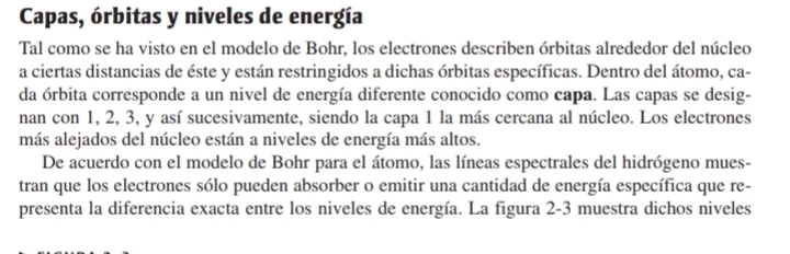 Capas, órbitas y niveles de energía 
Tal como se ha visto en el modelo de Bohr, los electrones describen órbitas alrededor del núcleo 
a ciertas distancias de éste y están restringidos a dichas órbitas específicas. Dentro del átomo, ca- 
da órbita corresponde a un nivel de energía diferente conocido como capa. Las capas se desig- 
nan con 1, 2, 3, y así sucesivamente, siendo la capa 1 la más cercana al núcleo. Los electrones 
más alejados del núcleo están a niveles de energía más altos. 
De acuerdo con el modelo de Bohr para el átomo, las líneas espectrales del hidrógeno mues- 
tran que los electrones sólo pueden absorber o emitir una cantidad de energía específica que re- 
presenta la diferencia exacta entre los niveles de energía. La figura 2-3 muestra dichos niveles