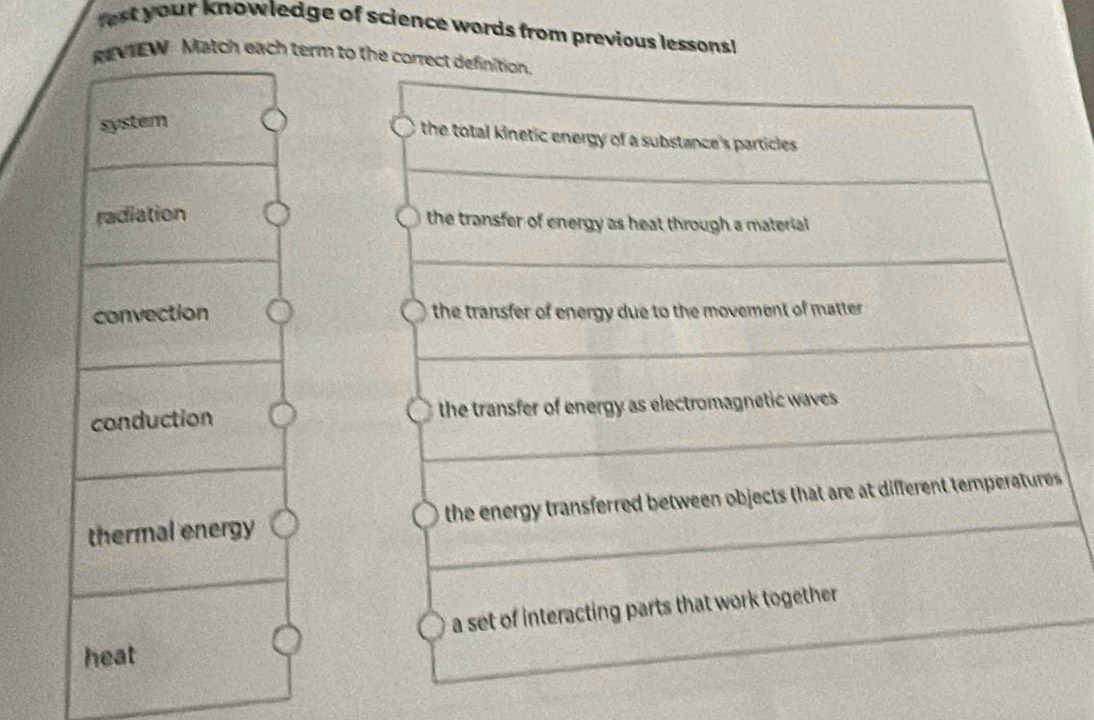 st your knowledge of science words from previous lessons!
REVIEW Match each term to the correct de
system
radiation
convection
conduction
thermal energy .
heat