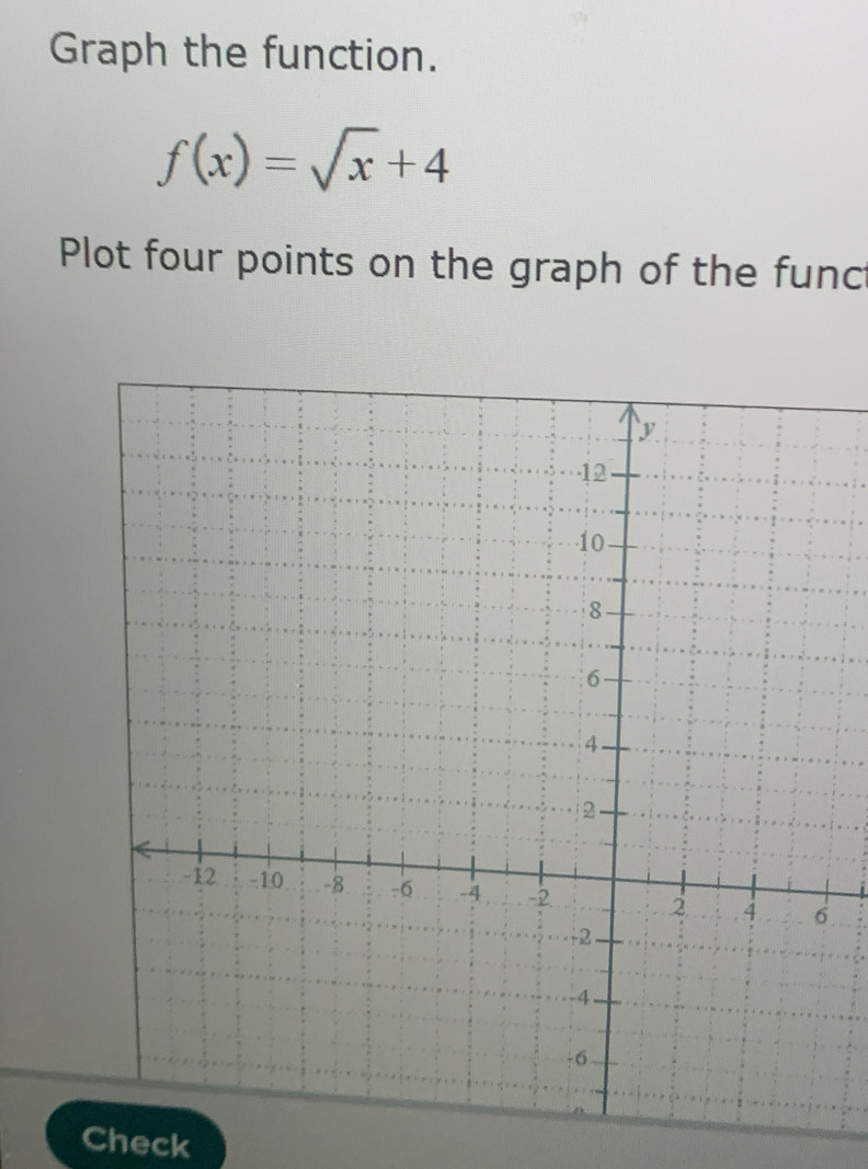 Graph the function.
f(x)=sqrt(x)+4
Plot four points on the graph of the func 
Check