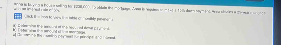 Anna is buying a house selling for $235,000. To obtain the mortgage, Anna is required to make a 15% down payment. Anna obtains a 25-year mortgage 
with an interest rate of 6%. 
m Click the icon to view the table of monthly payments. 
a) Determine the amount of the required down payment. 
b) Determine the amount of the mortgage. 
c) Determine the monthly payment for principal and interest.