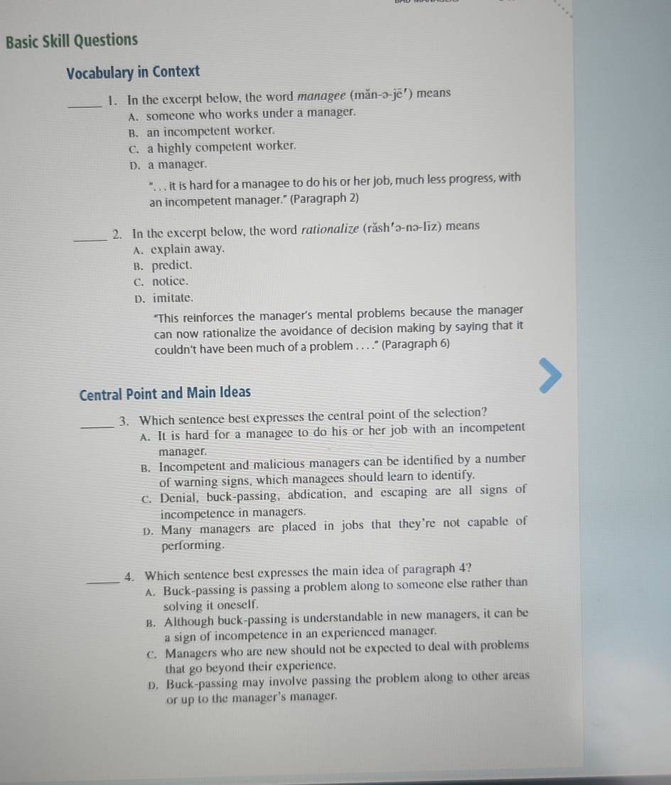 Solved: Basic Skill Questions Vocabulary in Context _ 1. In the excerpt ...