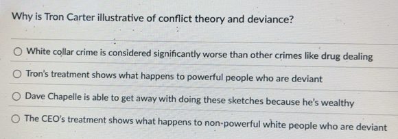 Solved: Why is Tron Carter illustrative of conflict theory and deviance ...