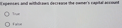 Expenses and withdraws decrease the owner's capital account
True
False