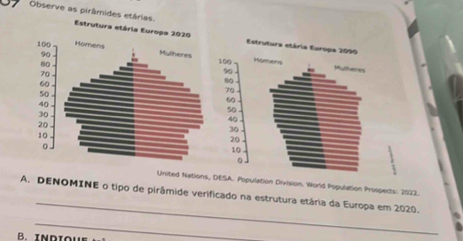 Observe as pirâmides etárias. Estrutura etária Euro 
Estrutura etária Europa 2090
100 Homens 
Muliveres
90
80
70
60
50
40
30
20
10
0
United Nations, DESA. Population Division. World Population Prospects: 2022. 
_ 
A. DENOMINE o tipo de pirâmide verificado na estrutura etária da Europa em 2020. 
_ 
B. INDIoUE