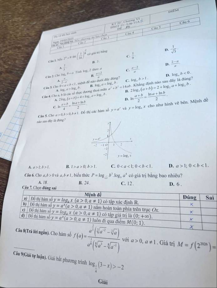 C.
Câu 1, Nếu 2^2=9 thì
A.  1/3  B. 3.
D.
Câu 2. Cho log _a9=a Tinh log, 2 theo a C.  (a-2)/a .  (2-a)/a .
B.
D.
A.  a/2-a 
Câu 3. Cho 0<1</tex> , mệnh đề nào dưới đây đúng?  (a+2)/a . C. log b>1. log _ab<0.
B. log。 a 2log _2(a+b)=2+log _2a+log _2b.
Câu 4. Cho a, b là các số thực đương thoà mãn log _5a>log _5b. a^2+b^2=14c v . Khẳng định nào sau đây là đúng?
A.
B.
A. 2 log (a+b)=4+log _2a+log _2b. D. ln  (a+b)/2 = (ln a+ln b)/2 .
C. 1  (a+b)/4 = (ln a+ln b)/2 .
Câu 5. Cho a>0,b>0,b!= 1 Đồ thị các hàm số y=a^x và y=log _bx cho như hình vẽ bên. Mệnh đề
nào sau đây là đúng?
A. a>1;b>1. B. 1>a>0;b>1. C. 0 D. a>1;0
Câu 6. Cho a,b>0vaa,b!= 1 , biểu thức P=log _sqrt(a)b^3.log _ba^4 có giá trị bằng bao nhiêu?
A. 18. B. 24 . C. 12 . D. 6 .
Câu 7. Chọn đúng sai
rã lời ngắn). Cho hàm số f(a)=frac a^(frac 2)3(sqrt[3](a^2)-sqrt[3](a))a^(frac 1)3(sqrt[3](a^3)-sqrt[6](a^4)) với a>0,a!= 1. Giá trị M=f(2^(2026))=
Câu 9(Giải tự luận). Giải bất phương trình log _ 1/4 (3-x)>-2
Giải