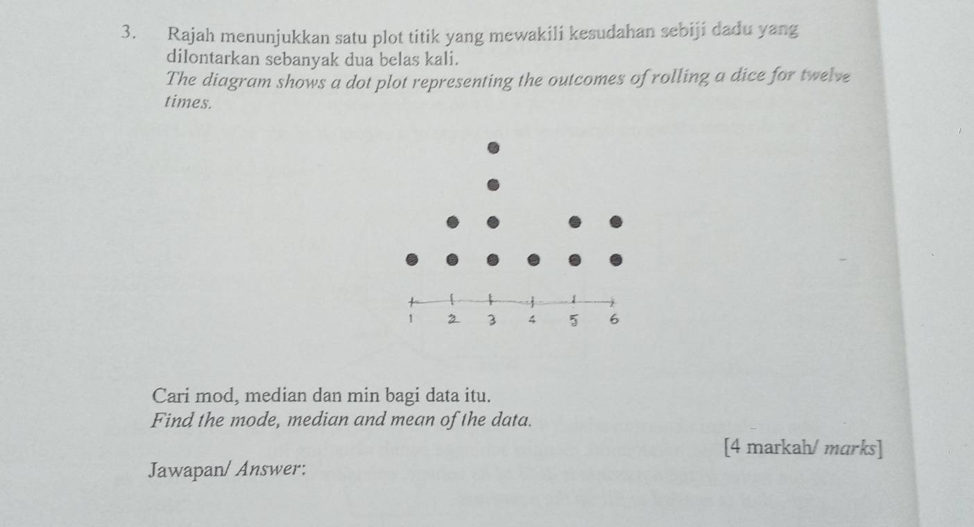 Rajah menunjukkan satu plot titik yang mewakili kesudahan sebiji dadu yang 
dilontarkan sebanyak dua belas kali. 
The diagram shows a dot plot representing the outcomes of rolling a dice for twelve 
times. 
Cari mod, median dan min bagi data itu. 
Find the mode, median and mean of the data. 
[4 markah/ marks] 
Jawapan/ Answer: