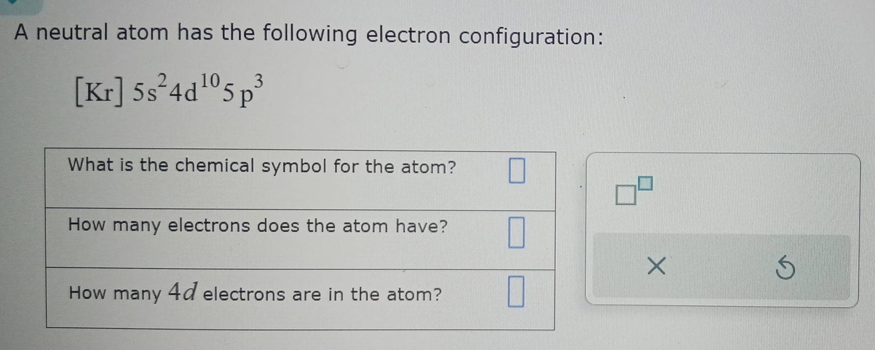 A neutral atom has the following electron configuration:
[Kr]5s^24d^(10)5p^3
□^(□)
×