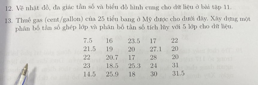 Vẽ nhật đồ, đa giác tần số và biểu đồ hình cung cho dữ liệu ở bài tập 11. 
13. Thuế gas (cent/gallon) của 25 tiểu bang ở Mỹ được cho dưới đây. Xây dựng một 
phân bố tần số ghép lớp và phân bố tần số tích lũy với 5 lớp cho dữ liệu.
7.5 16 23.5 17 22
21.5 19 20 27.1 20
22 20.7 17 28 20
23 18.5 25.3 24 31
14.5 25.9 18 30 31.5