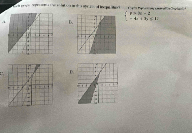 huch graph represents the solution to this system of inequalifies? [Tople: Representing Inequalifies Graphically]
A
beginarrayl y>3x+2 -4x+3y≤ 12endarray.
B.

C,
D.