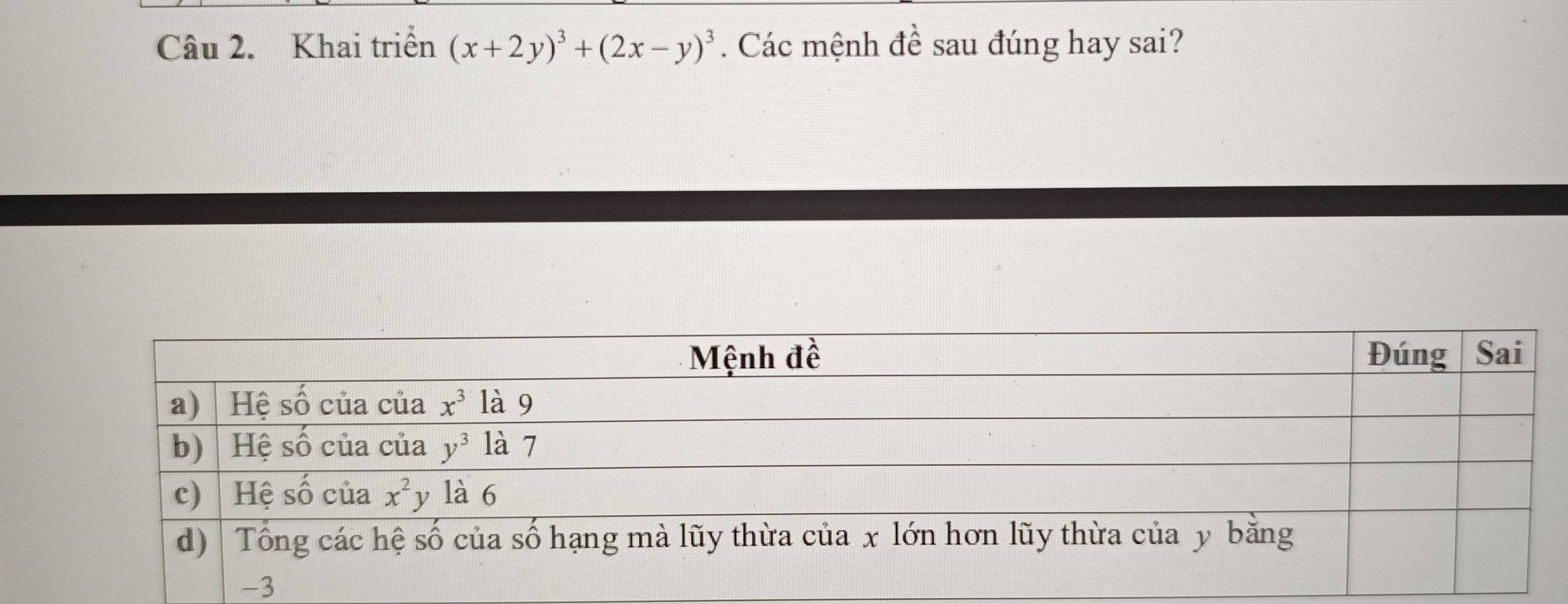 Khai triển (x+2y)^3+(2x-y)^3. Các mệnh đề sau đúng hay sai?