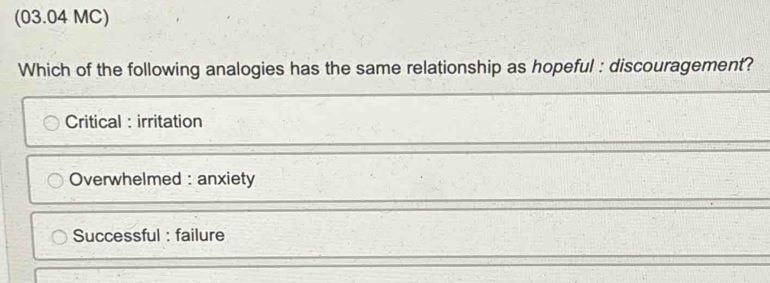 (03.04 MC)
Which of the following analogies has the same relationship as hopeful : discouragement?
Critical : irritation
Overwhelmed : anxiety
Successful : failure