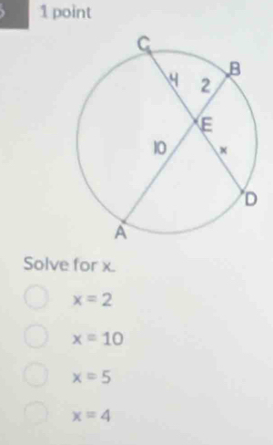 Solve for x.
x=2
x=10
x=5
x=4