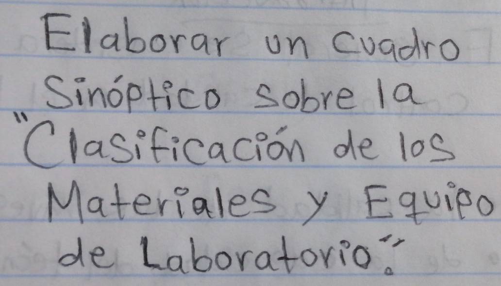 Elaborar on cuadro 
Sinoptico sobre la 
11 
Clasificacion de l0s 
Materiales y Equieo 
de Laboratorio?