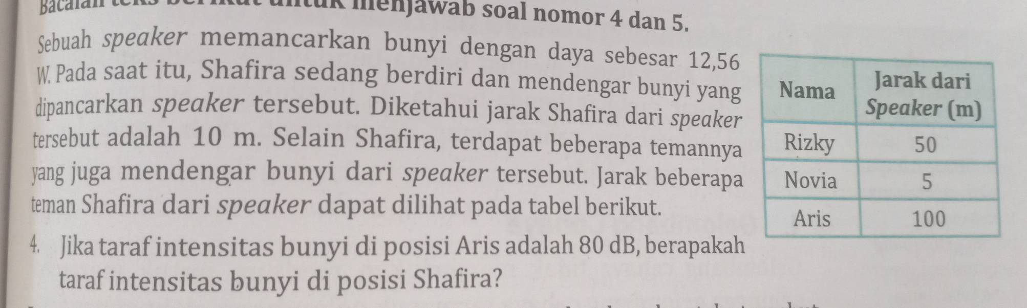 Bacalan 
ltuk menjawab soal nomor 4 dan 5. 
Sebuah speaker memancarkan bunyi dengan daya sebesar 12, 56
W Pada saat itu, Shafira sedang berdiri dan mendengar bunyi yang 
dipancarkan speaker tersebut. Diketahui jarak Shafira dari speaker 
tersebut adalah 10 m. Selain Shafira, terdapat beberapa temannya 
yang juga mendengar bunyi dari speaker tersebut. Jarak beberapa 
teman Shafira dari speaker dapat dilihat pada tabel berikut. 
4. Jika taraf intensitas bunyi di posisi Aris adalah 80 dB, berapakah 
taraf intensitas bunyi di posisi Shafira?