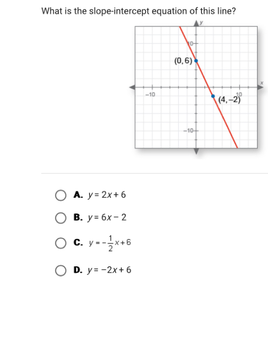 What is the slope-intercept equation of this line?
x
A. y=2x+6
B. y=6x-2
C. y=- 1/2 x+6
D. y=-2x+6