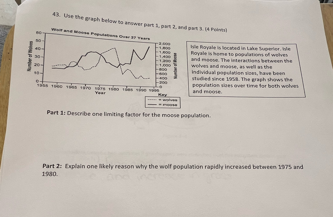 Use the graph below to answer parpart 3. (4 Points) 
Isle Royale is located in Lake Superior. Isle 
Royale is home to populations of wolves 
and moose. The interactions between the 
wolves and moose, as well as the 
individual population sizes, have been 
studied since 1958. The graph shows the 
population sizes over time for both wolves 
and moose. 
Part 1: Describe one limiting factor for the moose population. 
Part 2: Explain one likely reason why the wolf population rapidly increased between 1975 and 
1980.