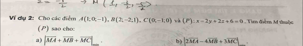 Ví dụ 2: Cho các điểm A(1;0;-1), B(2;-2;1), C(0;-1;0) và (P ):x-2y+2z+6=0. Tìm điểm M thuộc 
(P) sao cho: 
a) |vector MA+vector MB+vector MC|_m |2overline MA-4overline MB+3overline MC|
b)