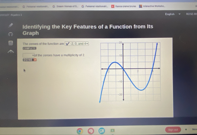 Nonal Heatonsh 5 Personal relationsh!.. G Dream Homes of S. Personal relationshi... france creme brulee Interactive Workshe... 
20031IY Algebva 1 English ROSE-MI 
Identifying the Key Features of a Function from Its 
Graph 
The zeroes of the function are -2, 0, and 4×
COMPLETE 
￥of the zeroes have a multiplicity of 2. 
DONE 
Sign out Nov